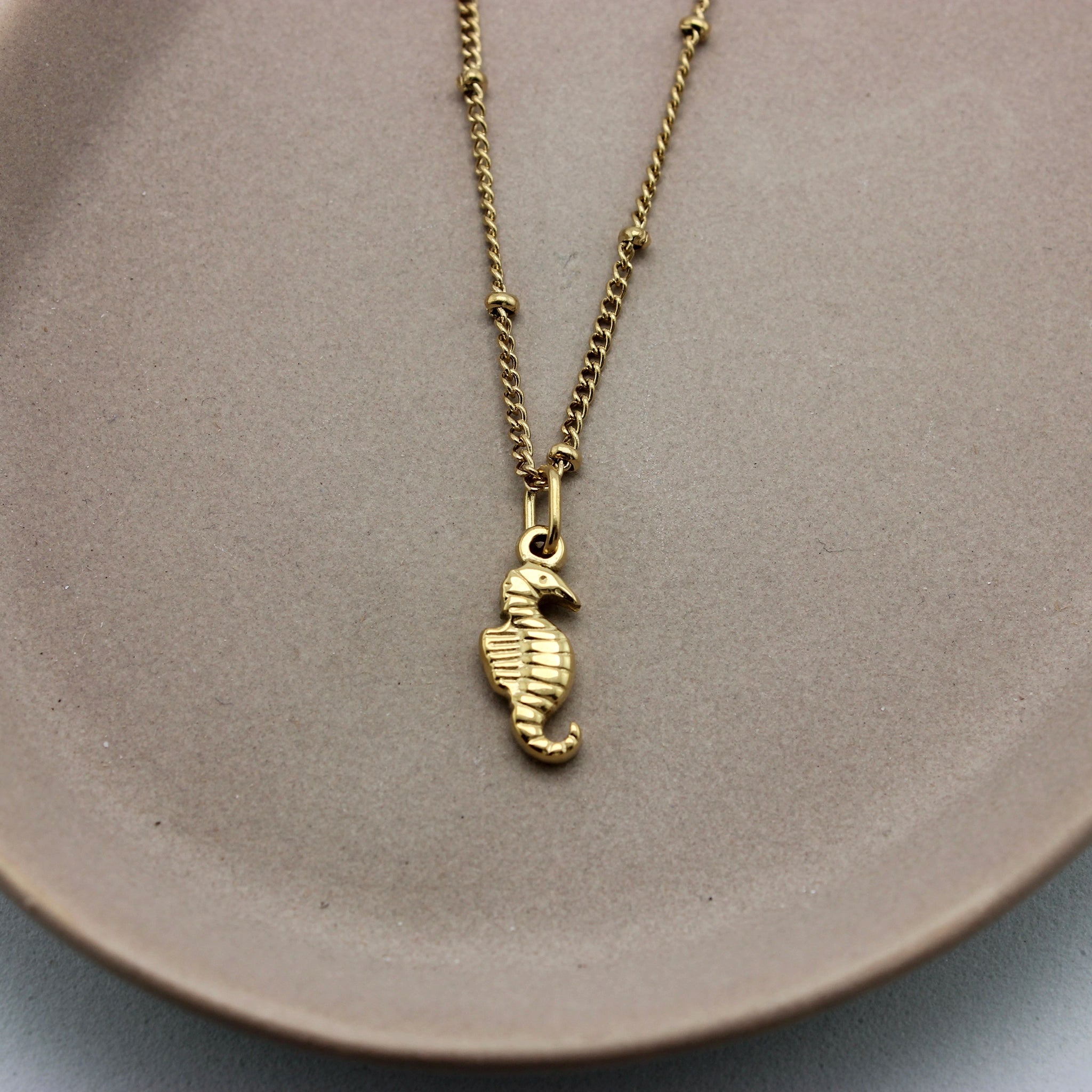 Gouden ketting met bolletjes en een gouden zeepaardje als hanger ingezoomd